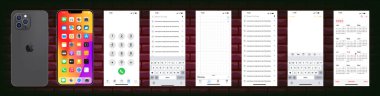 İphone 15. Elma maketi. Elma arayüzü. Elma uygulamaları. Telefon navigasyon sayfası. Takvim, notlar, tarih, ana menü. IOS ekran tasarımı kavramını ara. Editoryal vektör illüstrasyonu