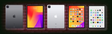 Elmalı iPad. Ipad Mini, Air, Pro 2021. Önde Pad ekranı, arkada IPA gerçekçi tabletler koleksiyonu. Cihaz modeli, macos, IOS, siyah beyaz renk. Elektronik endüstrisi konsepti. Editör vektörü