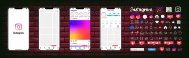 Instagram tasarımı. Ekran sosyal medya ve ağ arayüz şablonunu ayarla. Fotoğraf çerçevesi. Hikayeler, beğenilen, gösterilen, geribildirim, kişisel profil, sohbet, makaralar, besleme, trend tavsiyeleri editoryal vektör