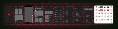 YouTube mobil arayüzü. Tüp ekran sosyal medya, video sunucu arayüz şablonu. Anasayfa, logo, tavsiyeler, abonelik, profil. Editör illüstrasyonu