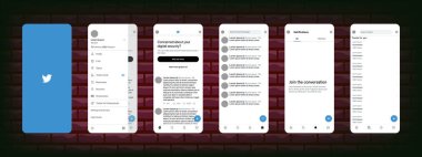 Twitter mobil arayüzü. Twitter ekran sosyal medya, sosyal ağ arayüzü şablonu. Ana sayfa, logo, öneriler, abonelik, profil illüstrasyonu