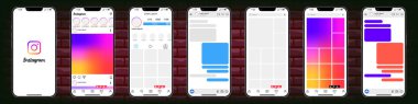 Instagram design. Set instagram screen social media and social network interface template. Instagram photo frame. Stories, liked, stream. Editorial vector.