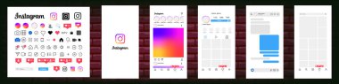 Instagram design. Set instagram screen social media and social network interface template. Instagram photo frame. Stories, liked, stream. Editorial vector.