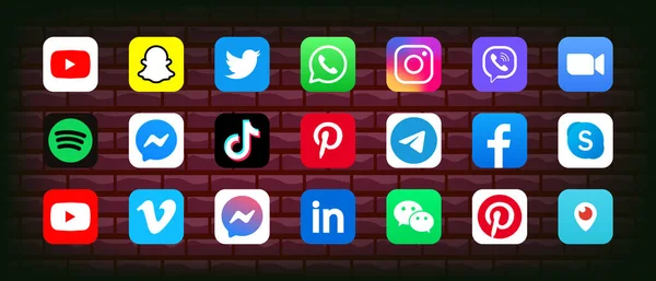 Facebook, Instagram, Snapchat, twitter, YouTube, Whatsapp, viber, spotify, tiktok pinterest telgraf skype skype Messenger ikilisi sosyal ağların logotype