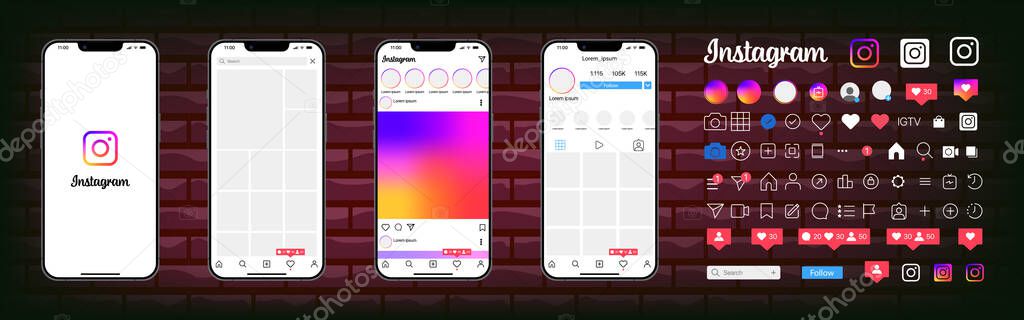 Instagram design. Set screen social media and network interface template. Photo frame. Stories, liked, stream, feedback, personal profile, chat, Reels, feed, trending recommendations Editorial vector