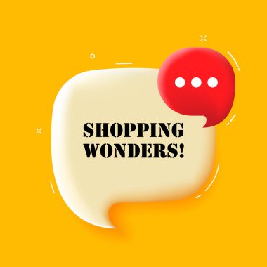 Alışveriş mucizeleri. Alışveriş harikası metni olan konuşma balonu. 3 boyutlu illüstrasyon. Pop sanat tarzı. İş ve Reklamcılık için vektör simgesi