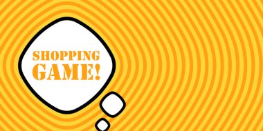 Alışveriş oyunu metniyle konuşma balonu. Bum retro komedi tarzı. Pop sanat tarzı. İş ve Reklamcılık için vektör simgesi