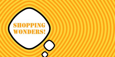 Alışveriş harikası metni olan konuşma balonu. Bum retro komedi tarzı. Pop sanat tarzı. İş ve Reklamcılık için vektör simgesi