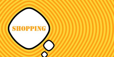 Alışveriş metniyle konuşma balonu. Bum retro komedi tarzı. Pop sanat tarzı. İş ve Reklamcılık için vektör simgesi