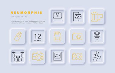 Kamera çizgi simgesi ayarla. Flaş, enstantane, lens, film, fotoğraf, lens, çerçeve, üçayak, manzara. Neomorfizm tarzı. İş ve reklam için vektör simgesi