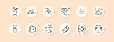 Yaz çizgisi simgesi. Dinlenme, tatil, tatil, dondurma, kum, tatil köyü, bronzlaşma, krem, kokteyl, karpuz. Pastel renk arkaplanı. İş ve reklam için vektör simgesi