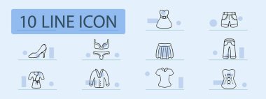 Kıyafet çizgisi simgesi. Elbise, elbise, tulum, ayakkabı, çorap, gömlek, iç çamaşırı, sutyen, ayakkabı. Pastel renk arkaplanı. İş ve reklam için vektör simgesi