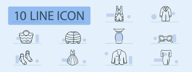 Kıyafet çizgisi simgesi. Elbise, elbise, bornoz, kot, topuklu, tulum, ayakkabı, çorap, gömlek, iç çamaşırı, sutyen, ayakkabı. İş ve reklam için Pastel renk arkaplan vektörü simgesi