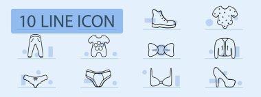 Kıyafet çizgisi simgesi. Elbise, elbise, ayakkabı, çorap, bornoz, kot pantolon, topuklu ayakkabı, tulum, gömlek, iç çamaşırı, sutyen, ayakkabı. İş ve reklam için Pastel renk arkaplan vektörü simgesi