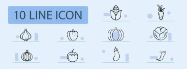 Sebze çizgisi simgesi. Balkabağı, domates, soğan, lahana, havuç, mısır, biber, soğan. Pastel renk arkaplanı. İş ve reklam için vektör simgesi