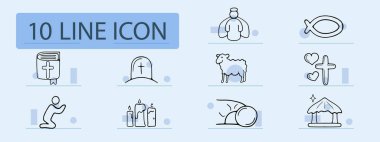 Din çizgisi simgesi. Melek, halo, dua, ekmek, cemaat, çardak, İncil, haç, kalp, mumlar. Pastel renk arkaplanı. İş ve reklam için vektör simgesi