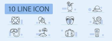 Yaz çizgisi simgesi. Dinlenme, tatil, tatil, dondurma, kum, tatil köyü, bronzlaşma, krem, kokteyl, karpuz. Pastel renk arkaplanı. İş ve reklam için vektör simgesi