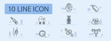 Kadın sağlığı çizgisi simgesi. Hamilelik, hap, ilaç, tedavi, embriyo, rahim, bebek. Pastel renk arkaplanı. İş ve reklam için vektör simgesi