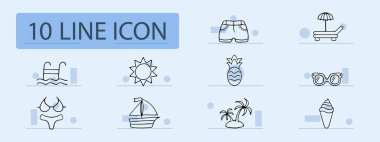 Yaz çizgisi simgesi. Güneş, şort, yüzme havuzu, güneşlik, şemsiye, ananas, bardak, dondurma. Pastel renk arkaplanı. İş ve reklam için vektör simgesi