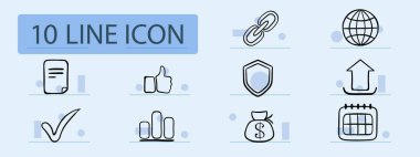 İnternet set çizgisi simgesi. Gezegen, kontrol işareti, kalkan, doğrulama, köpek, ampul, paylaşım, çağrı. Pastel renk arkaplanı. İş ve reklam için vektör simgesi