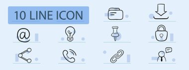 İnternet set çizgisi simgesi. Mıknatıs bağlantısı, kilitle, indir, köpek, ampul, paylaş, ara. Pastel renk arkaplanı. İş ve reklam için vektör simgesi