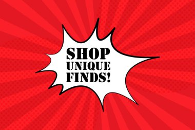 Dükkan ile konuşma balonu benzersiz metni bulur. Bum retro komedi tarzı. Pop sanat tarzı. İş ve Reklamcılık için vektör satırı simgesi