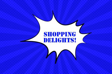 Alışveriş zevkleri ile komik mavi konuşma balonu metin patlama satırı ikonu. Çizim, süper kahraman, dergi, karikatür, tarz. İş ve reklam için vektör satırı simgesi