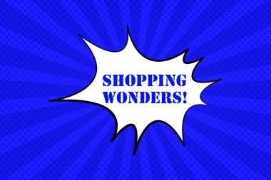 Alışveriş Mucizeleri metin patlaması ikonlu komik mavi konuşma balonu. Çizim, süper kahraman, dergi, karikatür, tarz. İş ve reklam için vektör satırı simgesi