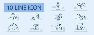 Tedavi çizgisi simgesi. İlaç, sağlık, ilaç endüstrisi, haplar, reçeteli ilaçlar. Pastel renk arkaplanı. İş ve reklam için vektör satırı simgesi