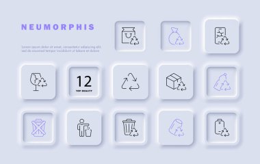 Geri dönüşüm çizgisi simgesi. Çöp, cam, ambalaj, çöp kutusu, çöp kutusu, karton, cam, plastik. Neomorfizm tarzı. İş ve reklam için vektör satırı simgesi