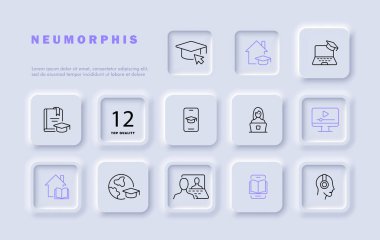 Uzaklık öğrenme çizgisi simgesi. Laptop, online toplantı, ders, ders, kitap, üniversite, karantina, kendini izole etme. Neomorfizm tarzı. İş ve reklam için vektör satırı simgesi