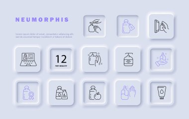 Hijyen çizgisi simgesi. Sıvı sabun, el kremi, dizüstü bilgisayar, cam temizleyici, şampuan. Neomorfizm tarzı. İş ve reklam için vektör satırı simgesi