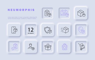 Teslimat çizgisi simgesi. Kutu, hız, takvim, akıllı telefon, kalkan, dağıtım elemanı, uygulama. Neomorfizm tarzı. İş ve reklam için vektör satırı simgesi