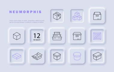 Kutular satır simgesi belirledi. Hız, teslimat, takvim, online alım, mal teslimatçısı, başvuru formu. Neomorfizm tarzı. İş ve reklam için vektör satırı simgesi