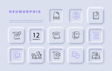 Uzaklık öğrenme çizgisi simgesi. Laptop, online toplantı, ders, ders, kitap, üniversite, karantina, kendini izole etme. Neomorfizm tarzı. İş ve reklam için vektör satırı simgesi