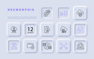 Sunucular satır simgesi belirledi. İnternet, bağlantı, dizüstü bilgisayar, bulut kaydetme, klasör, şifre, hesap makinesi. Neomorfizm tarzı. İş ve reklam için vektör satırı simgesi