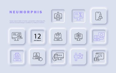 Testler satır simgesi belirledi. Test tüpü, bilgisayar, sonuç, akıllı telefon, bilim, insan, kitap. Neomorfizm tarzı. İş ve reklam için vektör satırı simgesi
