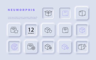 Kutular satır simgesi belirledi. Hız, teslimat, takvim, online alım, mal teslimatçısı, başvuru formu. Neomorfizm tarzı. İş ve reklam için vektör satırı simgesi