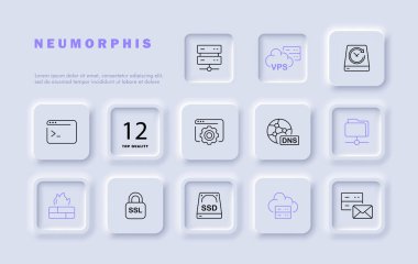 Sunucular satır simgesi belirledi. İnternet, bağlantı, dizüstü bilgisayar, bulut kaydetme, klasör, şifre, hesap makinesi. Neomorfizm tarzı. İş ve reklam için vektör satırı simgesi