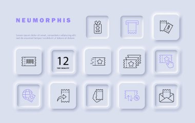 Bilet ayarlama simgesi. Kupon, zafer, VIP statüsü, zarf, indirim, indirim, adil. Neomorfizm tarzı. İş ve reklam için vektör satırı simgesi