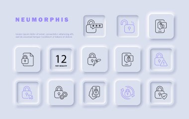 Kapalı kilit çizgisi simgesi. Şifre, güvenlik, koruma, dosya, fare, imleç, anahtar, kapı, SMS. Neomorfizm tarzı. İş ve reklam için vektör satırı simgesi