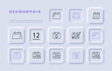 Takvim çizgisi simgesi. Ara, ajanda, gün, ay, yıl, tatiller, hafta sonları. Neomorfizm tarzı. İş ve reklam için vektör satırı simgesi