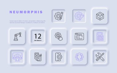 Ayarlar satır simgesi ayarlandı. Vitesler, kontroller, kalem, tornavida, hesap makinesi, açıölçer. Neomorfizm tarzı. İş ve reklam için vektör satırı simgesi