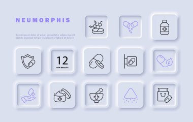 Tıp set çizgisi simgesi. Tabletler, harç, tokmak, kalkan, tedavi, doğal malzemeler. Neomorfizm tarzı. İş ve reklam için vektör satırı simgesi