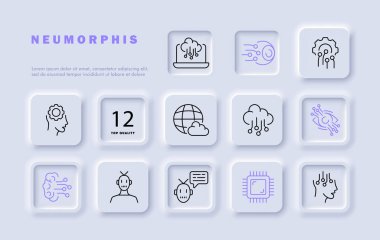 Gadgets satır simgesi. Yapay zeka, göz, dişli, teknoloji, robot, gezegen, nöronlar, internet. Neomorfizm tarzı. İş ve reklam için vektör satırı simgesi