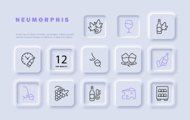 Şarap imalat çizgisi simgesi. Beyaz, kırmızı, alkol, peynir, tatma, sıcaklık, saati ısıt, bardak. Neomorfizm tarzı. İş ve reklam için vektör satırı simgesi