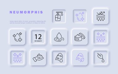 Hijyen çizgisi simgesi. Sıvı sabun, el kremi, dizüstü bilgisayar, cam temizleyici, şampuan. Neomorfizm tarzı. İş ve reklam için vektör satırı simgesi