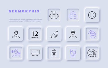 Tatil çizgisi simgesi. Kumsal, kum, palmiye ağaçları, karpuz, klima, yüzme havuzu, buz küpü. Neomorfizm tarzı. İş ve reklam için vektör satırı simgesi