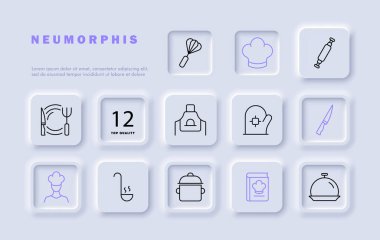 Yemek pişirme ikonu. Fırça, oklavaya, bıçağa, tabağa, yemeğe, kepçeye, kitaba. Neomorfizm tarzı. İş ve reklam için vektör satırı simgesi