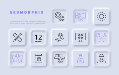 Ayarlar satır simgesi ayarlandı. Vites, kitap, cetvel, kalem, monitör, kask, işçi. Neomorfizm tarzı. İş ve reklam için vektör satırı simgesi